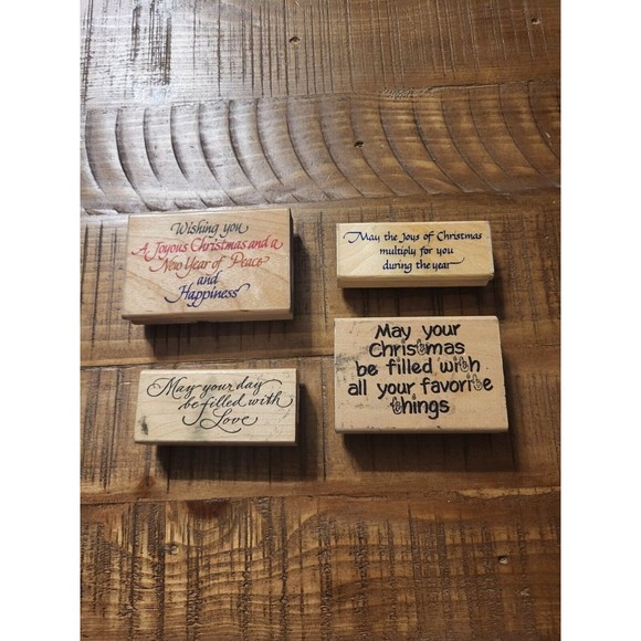 Lot of 4 Wood Mount Stamps Christmas Wishes New Year Holidays - Picture 4 of 4